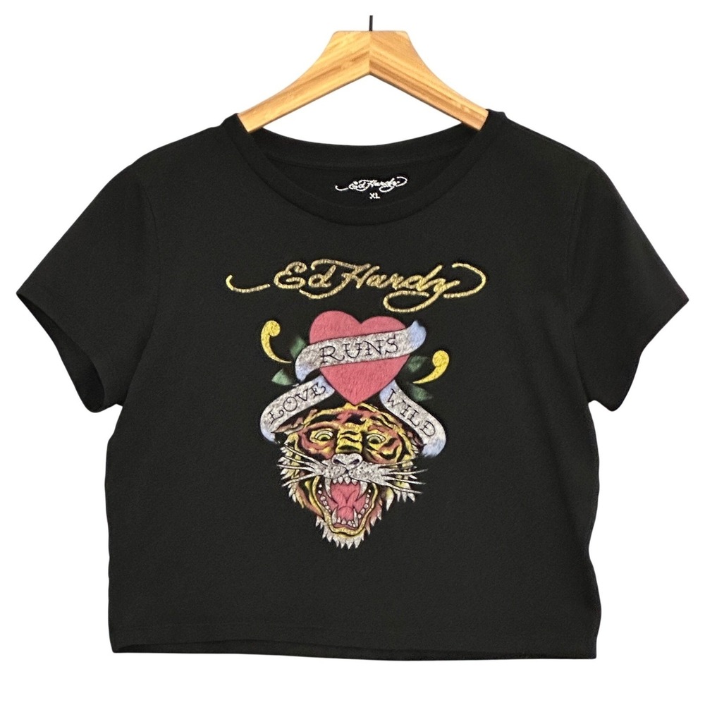 Ed Hardy Womens Top XL Black Love Runs Wild Tiger Graphic Crop Top Baby Tee